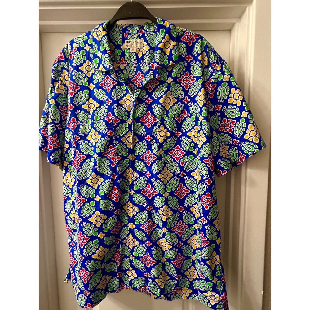 J Crew Mens XL Re-Imagined Slub Cotton Camp Collar Short Sleeve Blue Shirt Retro